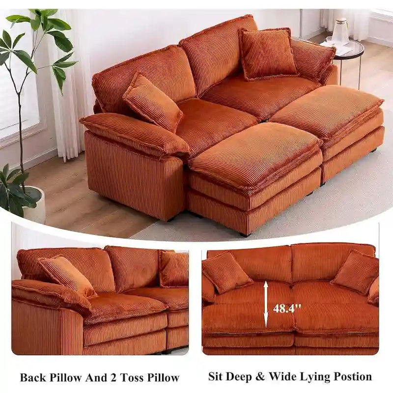 Sofá Loveseat de Pana Gris/Amarillo/Blanco/Naranja/Verde, de 2 Plazas, con 4 Cojines y 2 Otomanas