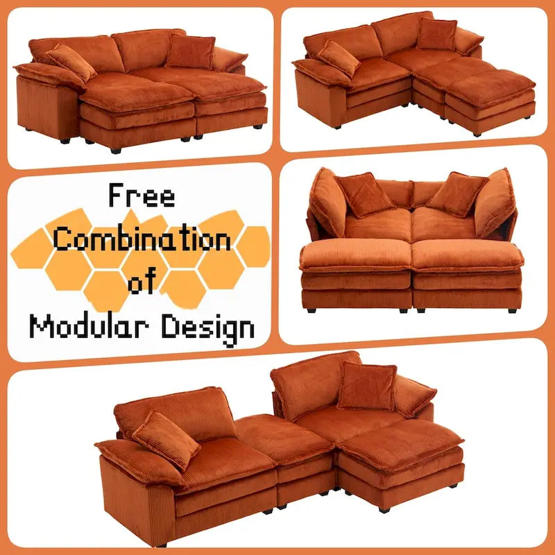 Sofá Loveseat de Pana Gris/Amarillo/Blanco/Naranja/Verde, de 2 Plazas, con 4 Cojines y 2 Otomanas
