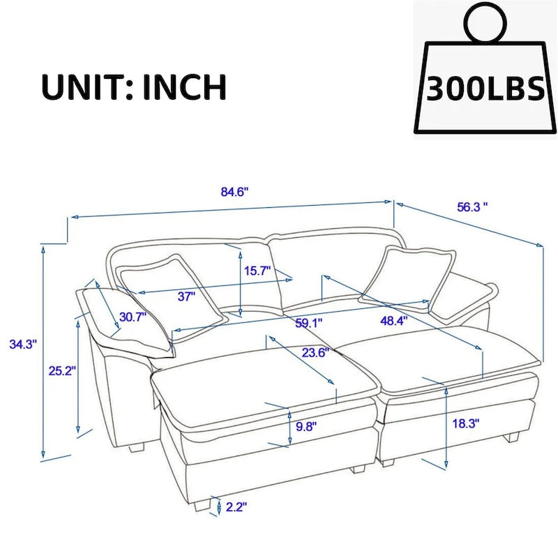 Sofá Loveseat de Pana Gris/Amarillo/Blanco/Naranja/Verde, de 2 Plazas, con 4 Cojines y 2 Otomanas