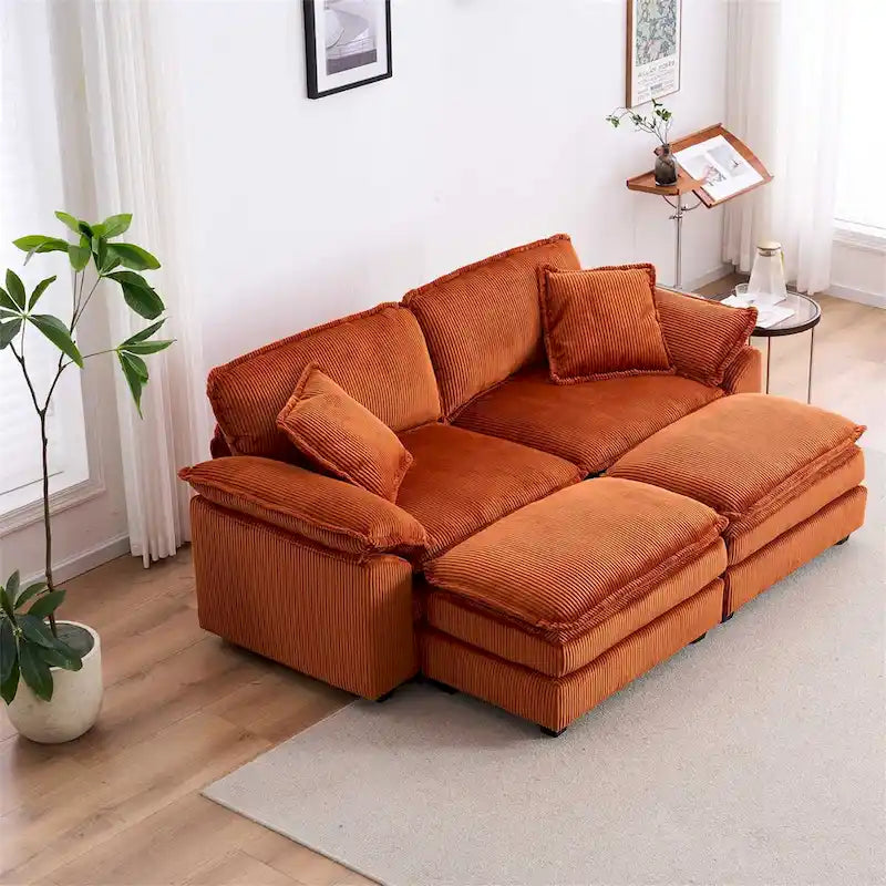 Sofá Loveseat de Pana Gris/Amarillo/Blanco/Naranja/Verde, de 2 Plazas, con 4 Cojines y 2 Otomanas