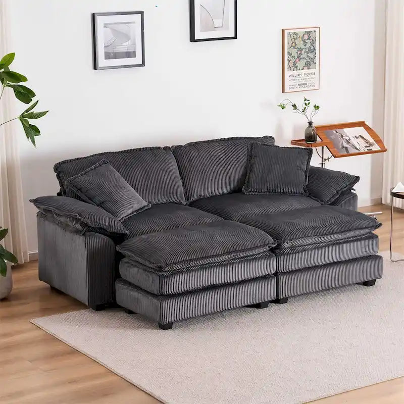 Sofá Loveseat de Pana Gris/Amarillo/Blanco/Naranja/Verde, de 2 Plazas, con 4 Cojines y 2 Otomanas