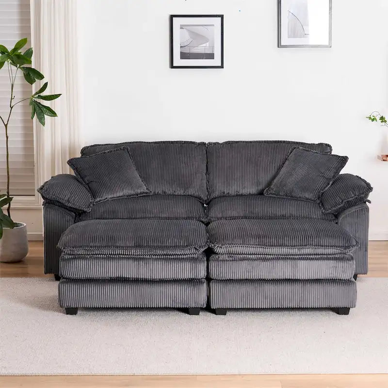 Sofá Loveseat de Pana Gris/Amarillo/Blanco/Naranja/Verde, de 2 Plazas, con 4 Cojines y 2 Otomanas