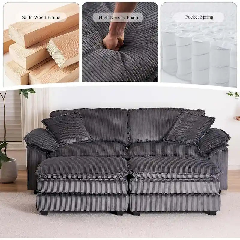 Sofá Loveseat de Pana Gris/Amarillo/Blanco/Naranja/Verde, de 2 Plazas, con 4 Cojines y 2 Otomanas