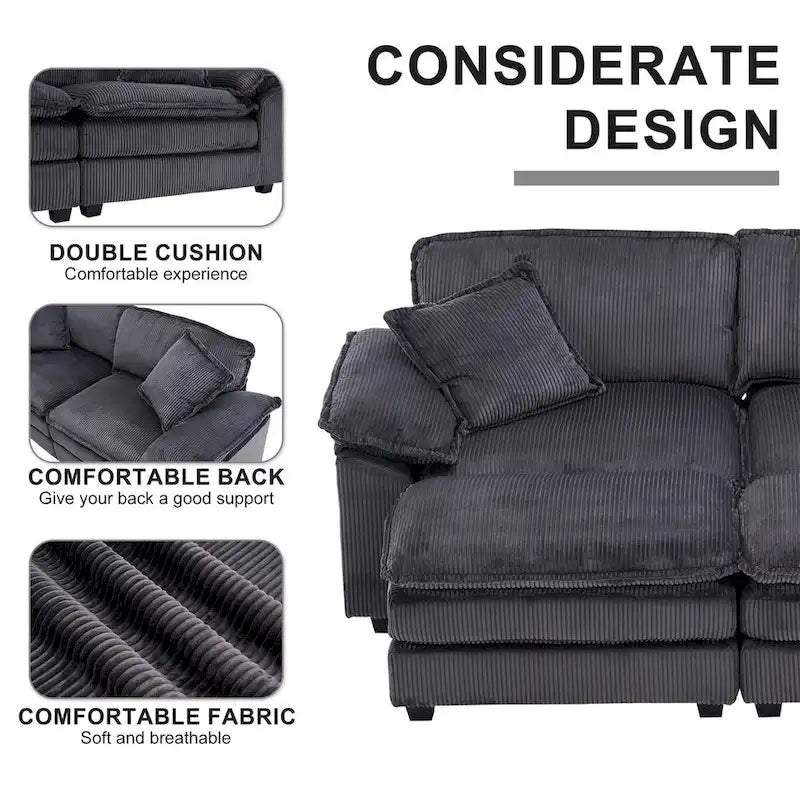 Sofá Loveseat de Pana Gris/Amarillo/Blanco/Naranja/Verde, de 2 Plazas, con 4 Cojines y 2 Otomanas