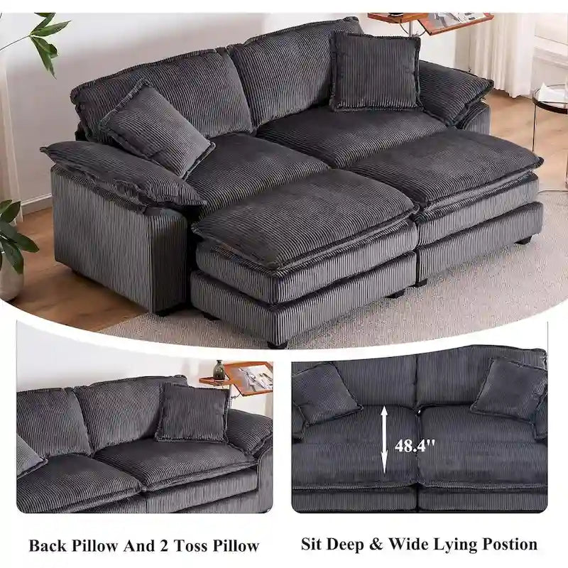 Sofá Loveseat de Pana Gris/Amarillo/Blanco/Naranja/Verde, de 2 Plazas, con 4 Cojines y 2 Otomanas