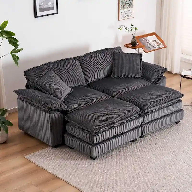 Sofá Loveseat de Pana Gris/Amarillo/Blanco/Naranja/Verde, de 2 Plazas, con 4 Cojines y 2 Otomanas