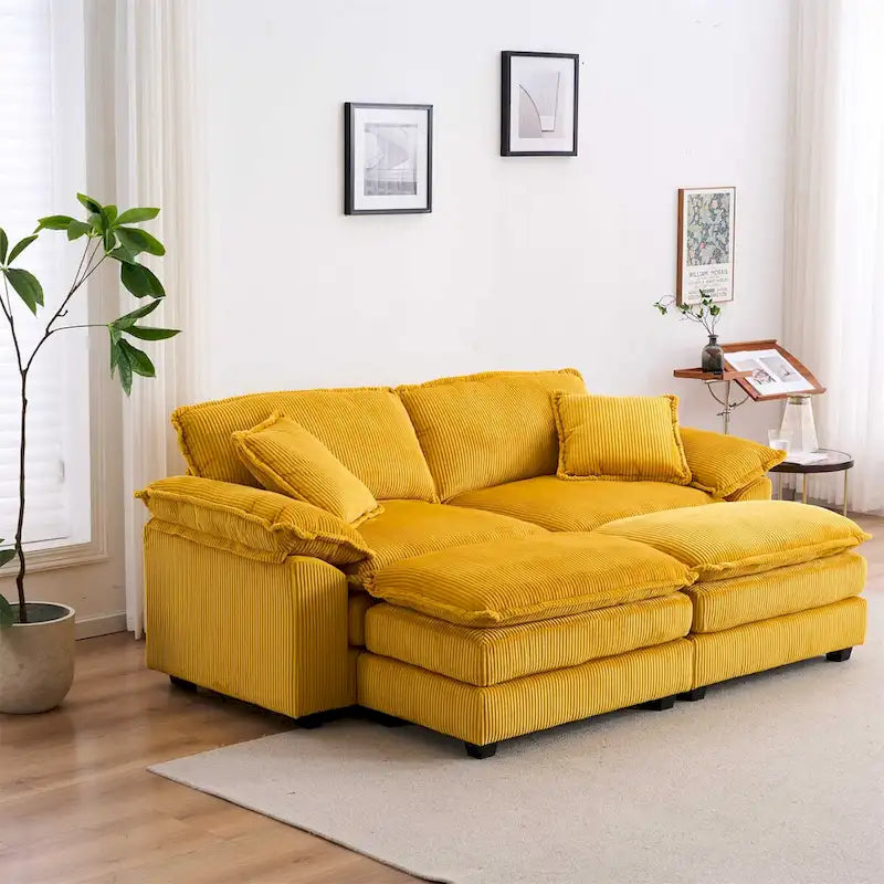 Sofá Loveseat de Pana Gris/Amarillo/Blanco/Naranja/Verde, de 2 Plazas, con 4 Cojines y 2 Otomanas