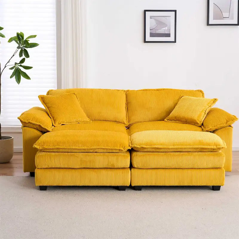 Sofá Loveseat de Pana Gris/Amarillo/Blanco/Naranja/Verde, de 2 Plazas, con 4 Cojines y 2 Otomanas
