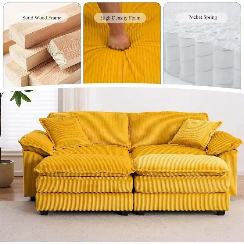 Sofá Loveseat de Pana Gris/Amarillo/Blanco/Naranja/Verde, de 2 Plazas, con 4 Cojines y 2 Otomanas