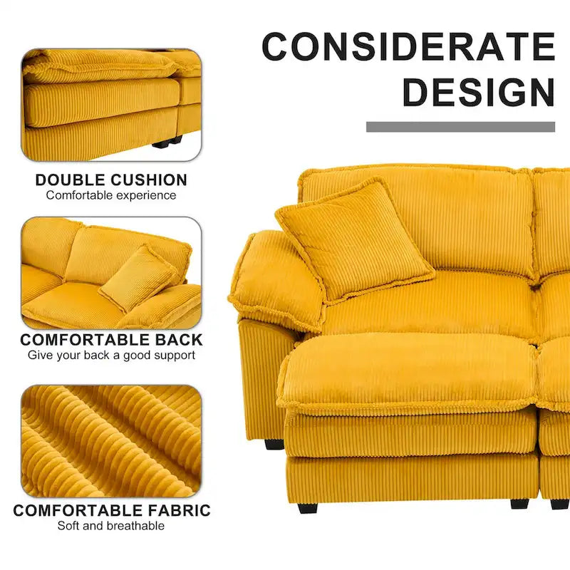 Sofá Loveseat de Pana Gris/Amarillo/Blanco/Naranja/Verde, de 2 Plazas, con 4 Cojines y 2 Otomanas