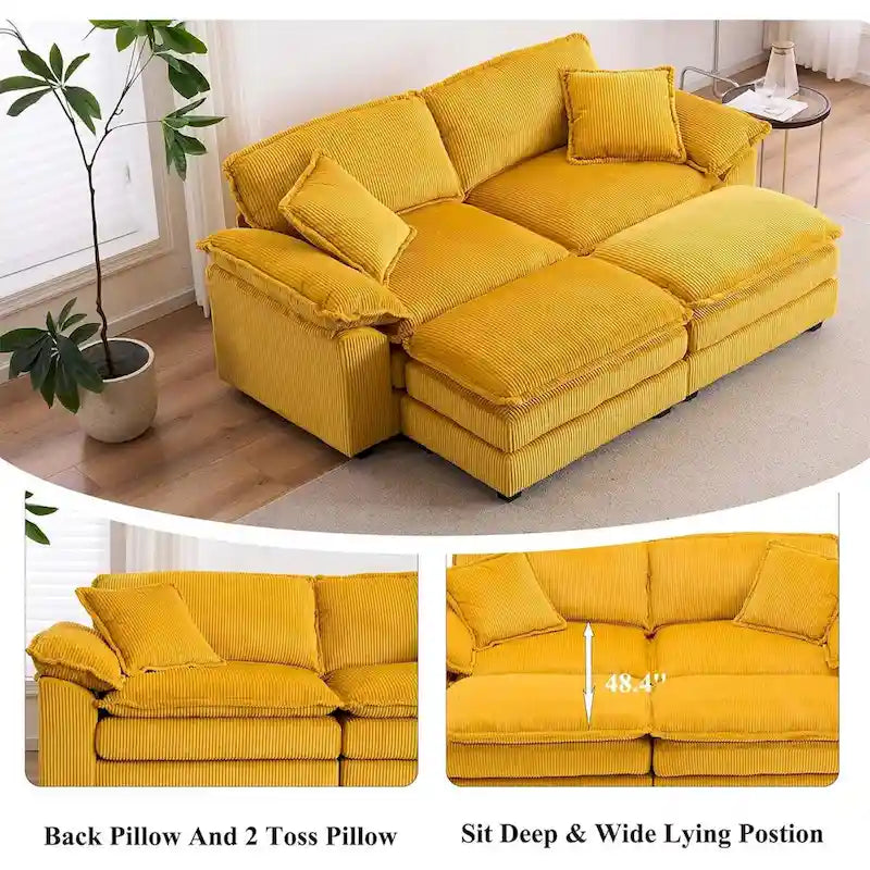 Sofá Loveseat de Pana Gris/Amarillo/Blanco/Naranja/Verde, de 2 Plazas, con 4 Cojines y 2 Otomanas