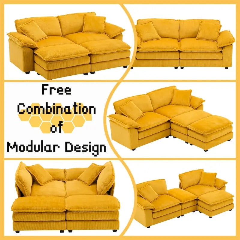 Sofá Loveseat de Pana Gris/Amarillo/Blanco/Naranja/Verde, de 2 Plazas, con 4 Cojines y 2 Otomanas