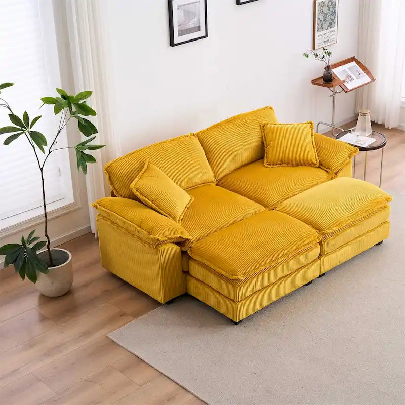 Sofá Loveseat de Pana Gris/Amarillo/Blanco/Naranja/Verde, de 2 Plazas, con 4 Cojines y 2 Otomanas