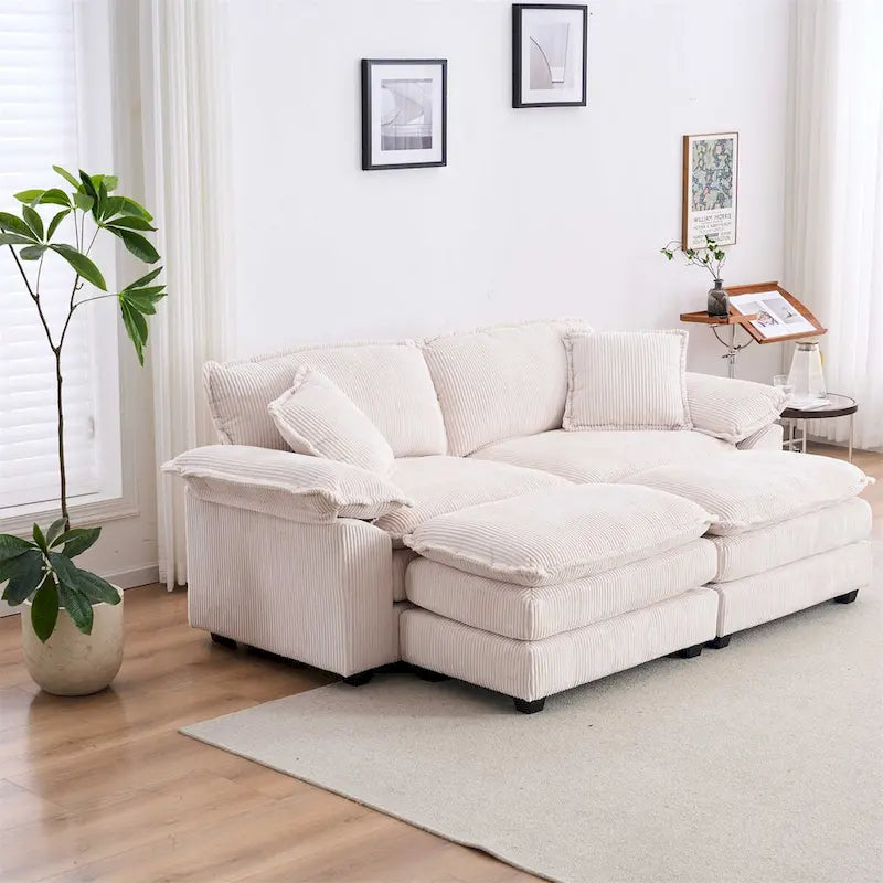 Sofá Loveseat de Pana Gris/Amarillo/Blanco/Naranja/Verde, de 2 Plazas, con 4 Cojines y 2 Otomanas