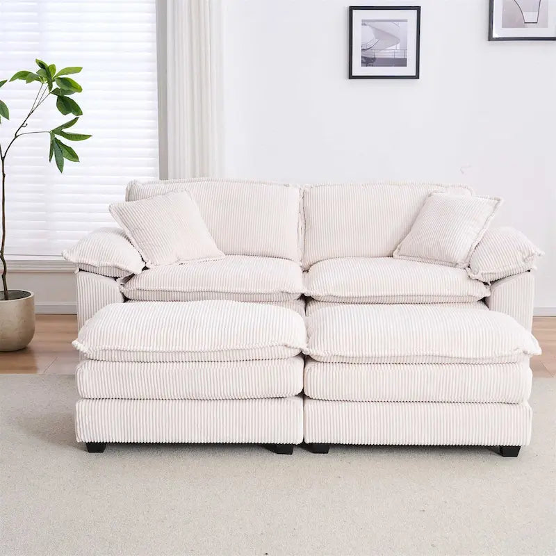 Sofá Loveseat de Pana Gris/Amarillo/Blanco/Naranja/Verde, de 2 Plazas, con 4 Cojines y 2 Otomanas