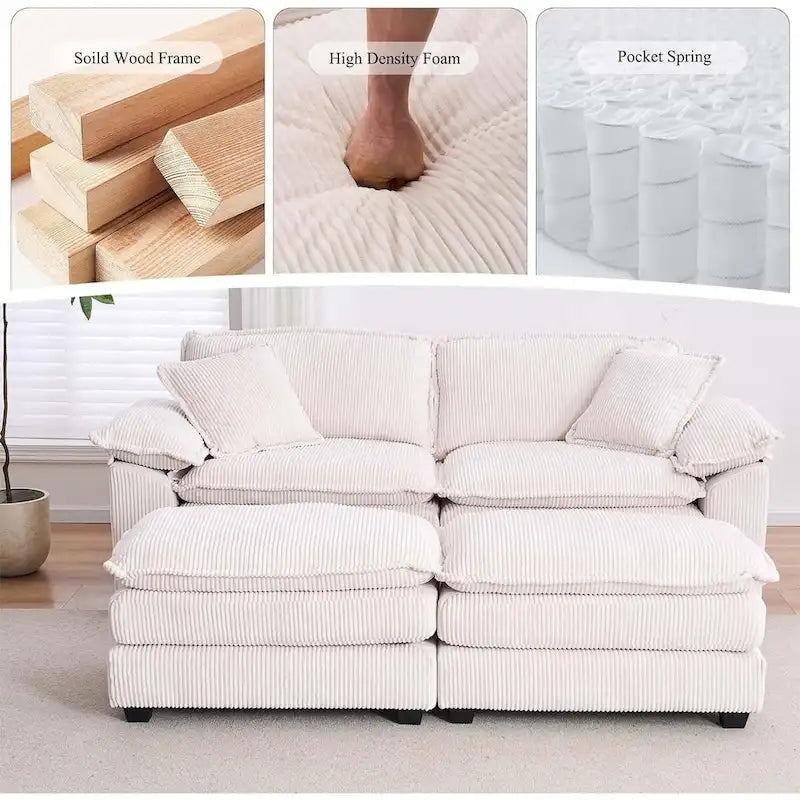 Sofá Loveseat de Pana Gris/Amarillo/Blanco/Naranja/Verde, de 2 Plazas, con 4 Cojines y 2 Otomanas