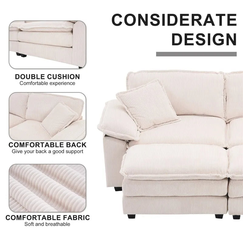 Sofá Loveseat de Pana Gris/Amarillo/Blanco/Naranja/Verde, de 2 Plazas, con 4 Cojines y 2 Otomanas