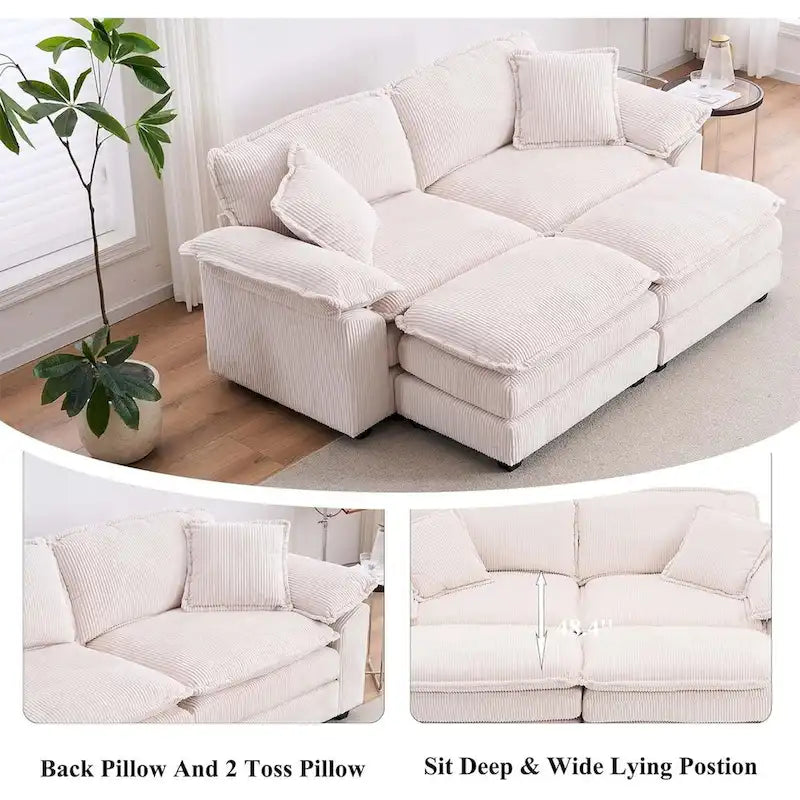 Sofá Loveseat de Pana Gris/Amarillo/Blanco/Naranja/Verde, de 2 Plazas, con 4 Cojines y 2 Otomanas