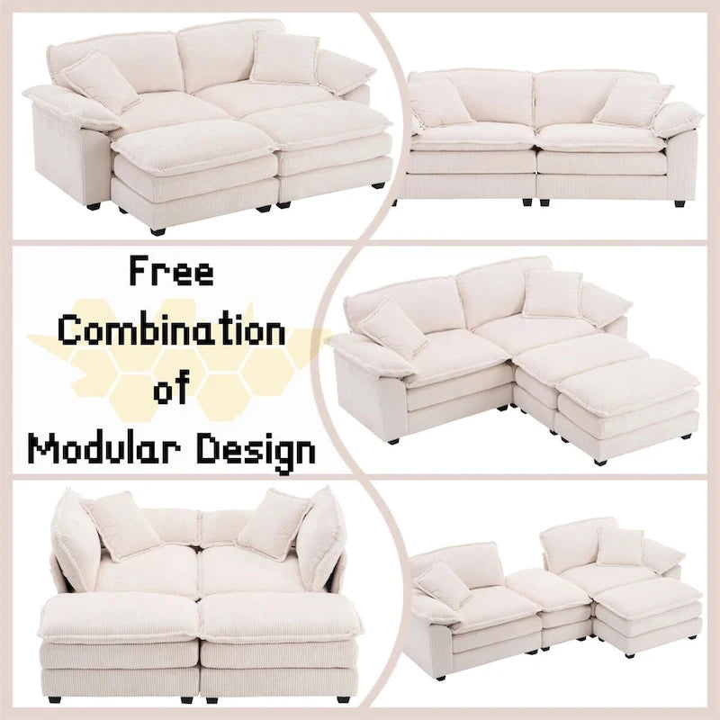 Sofá Loveseat de Pana Gris/Amarillo/Blanco/Naranja/Verde, de 2 Plazas, con 4 Cojines y 2 Otomanas