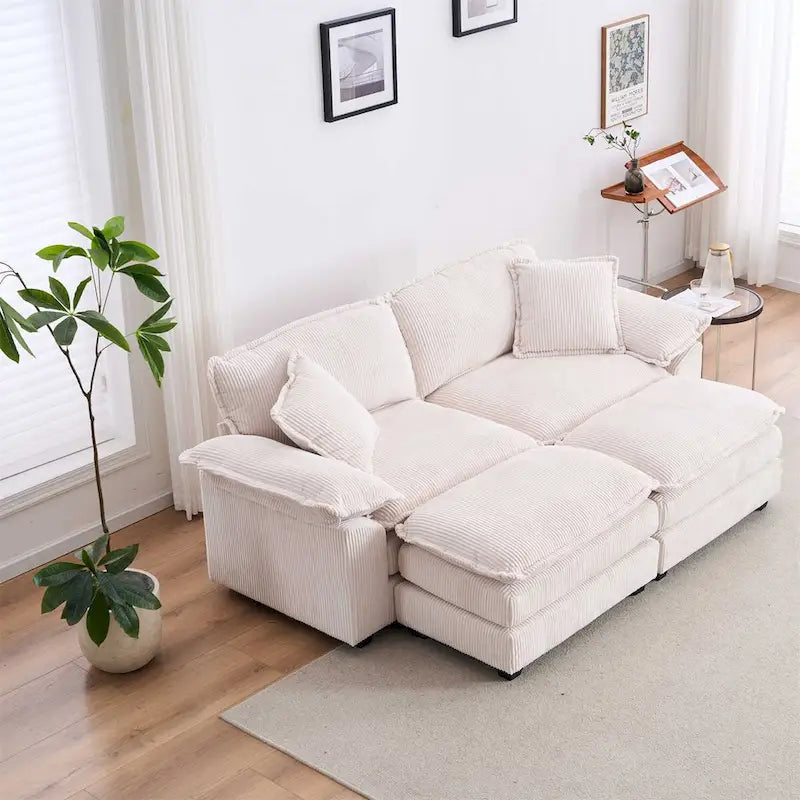 Sofá Loveseat de Pana Gris/Amarillo/Blanco/Naranja/Verde, de 2 Plazas, con 4 Cojines y 2 Otomanas