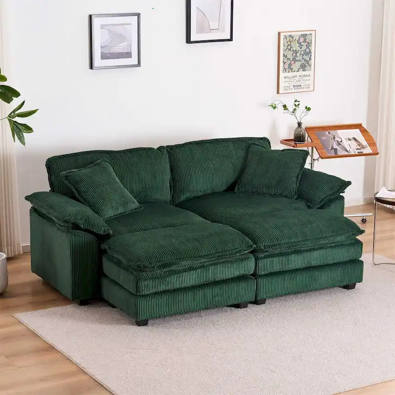 Sofá Loveseat de Pana Gris/Amarillo/Blanco/Naranja/Verde, de 2 Plazas, con 4 Cojines y 2 Otomanas