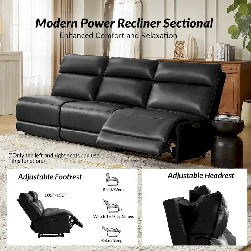 Seccional esquinero reclinable eléctrico Valentín moderno de piel auténtica con USB y tipo C de HULALA HOME
