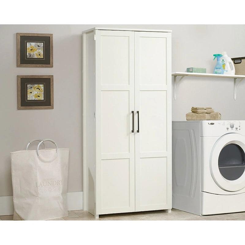 Mueble de almacenamiento de 2 puertas con acabado en madera/blanco y 4 estantes fijos