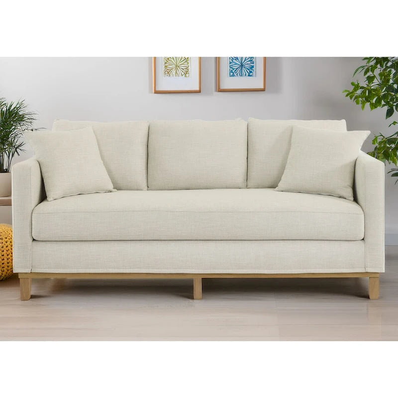 Sofá de 3 plazas con apoyabrazos rectos, cuero sintético marrón/avena, base de madera