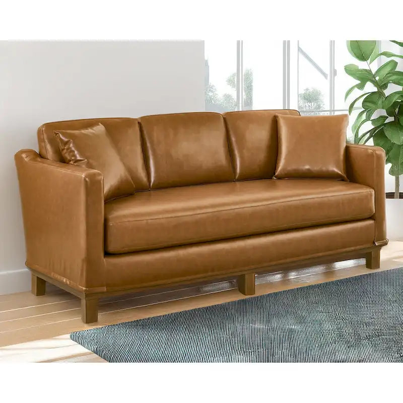Sofá de 3 plazas con apoyabrazos rectos, cuero sintético marrón/avena, base de madera