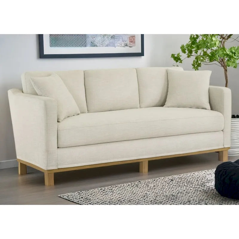 Sofá de 3 plazas con apoyabrazos rectos, cuero sintético marrón/avena, base de madera