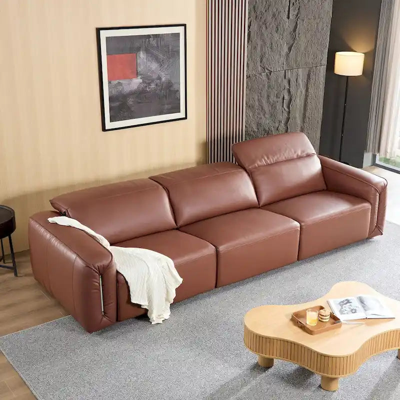 Sofá moderno de cuero de 3 plazas para sala de estar, cómodo sofá con asientos extra profundos, reposacabezas ajustables