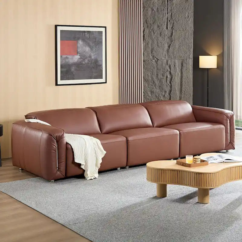 Sofá moderno de cuero de 3 plazas para sala de estar, cómodo sofá con asientos extra profundos, reposacabezas ajustables