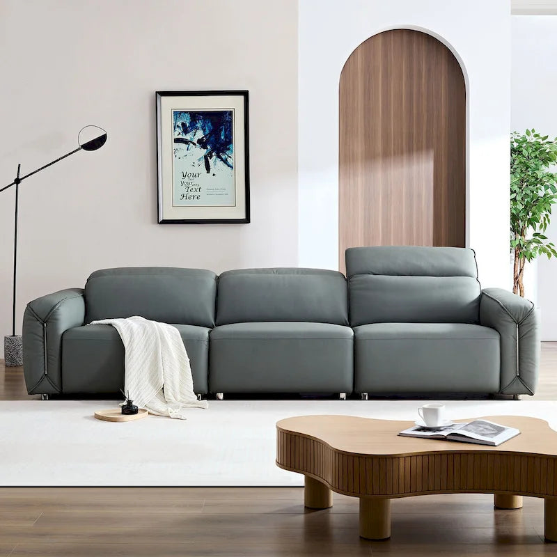 Sofá moderno de cuero de 3 plazas para sala de estar, cómodo sofá con asientos extra profundos, reposacabezas ajustables