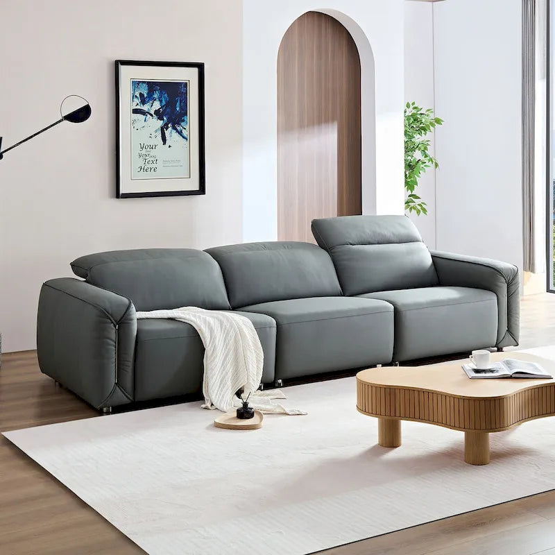 Sofá moderno de cuero de 3 plazas para sala de estar, cómodo sofá con asientos extra profundos, reposacabezas ajustables