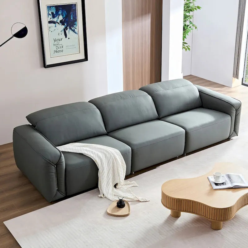 Sofá moderno de cuero de 3 plazas para sala de estar, cómodo sofá con asientos extra profundos, reposacabezas ajustables