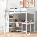 Cama alta de tamaño completo gris/blanco con escritorio y estante – 1 persona