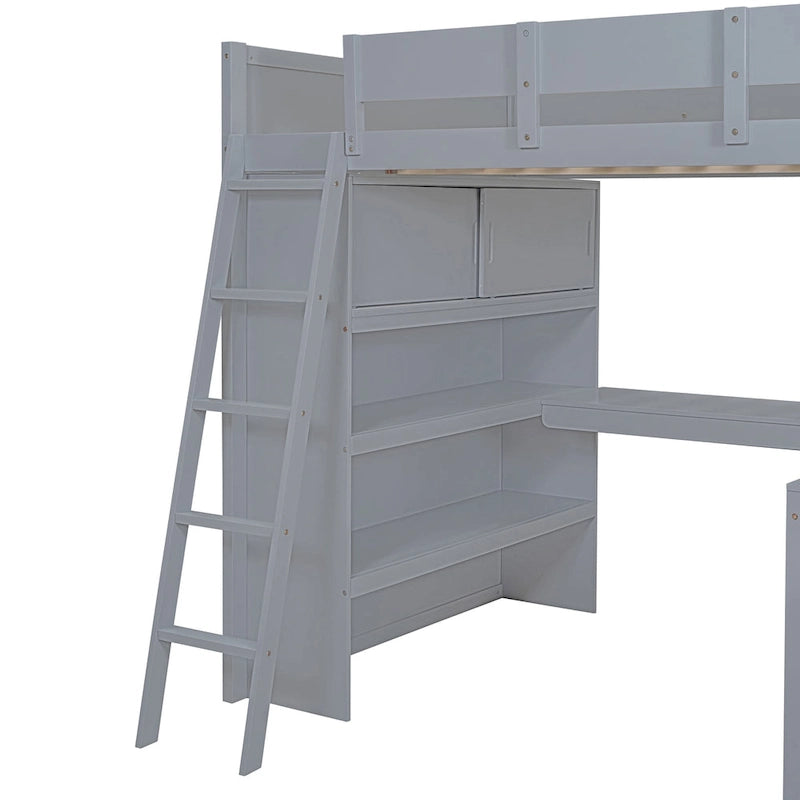 Cama alta de tamaño completo gris/blanco con escritorio y estante – 1 persona