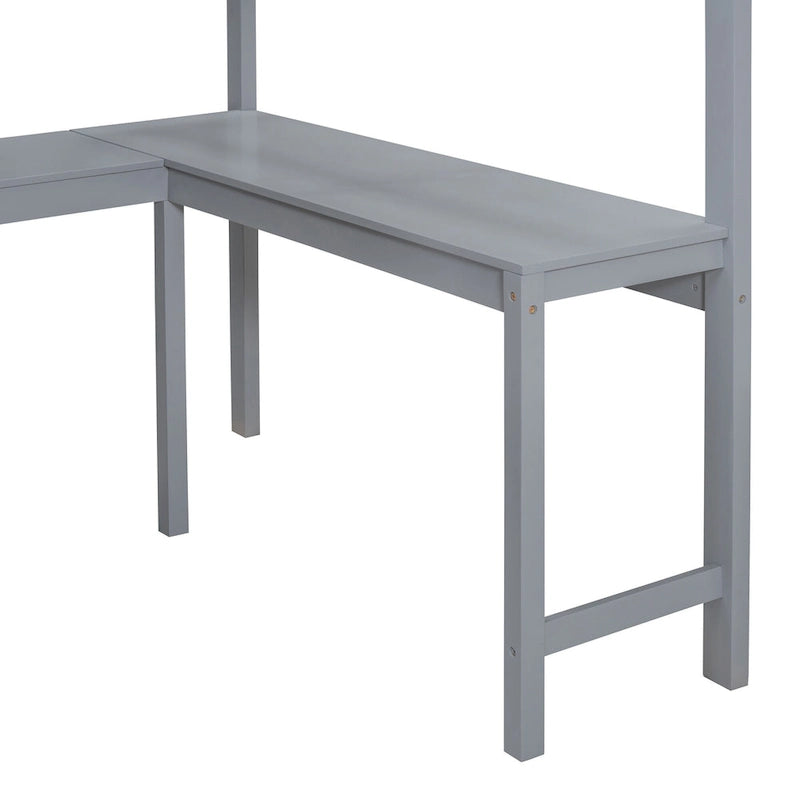 Cama alta de tamaño completo gris/blanco con escritorio y estante – 1 persona