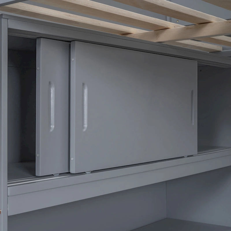 Cama alta de tamaño completo gris/blanco con escritorio y estante – 1 persona