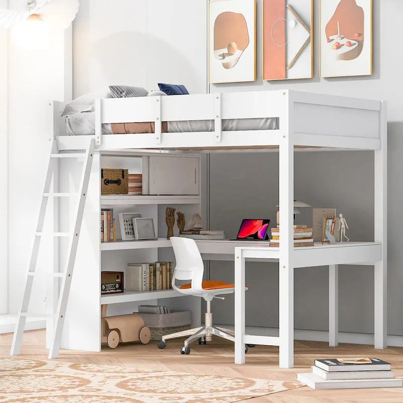 Cama alta de tamaño completo gris/blanco con escritorio y estante – 1 persona