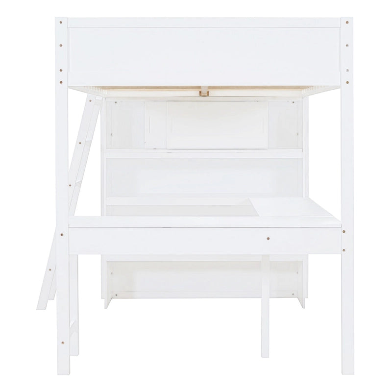 Cama alta de tamaño completo gris/blanco con escritorio y estante – 1 persona