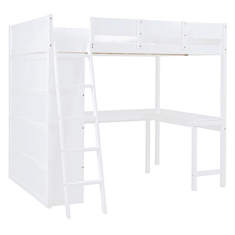 Cama alta de tamaño completo gris/blanco con escritorio y estante – 1 persona