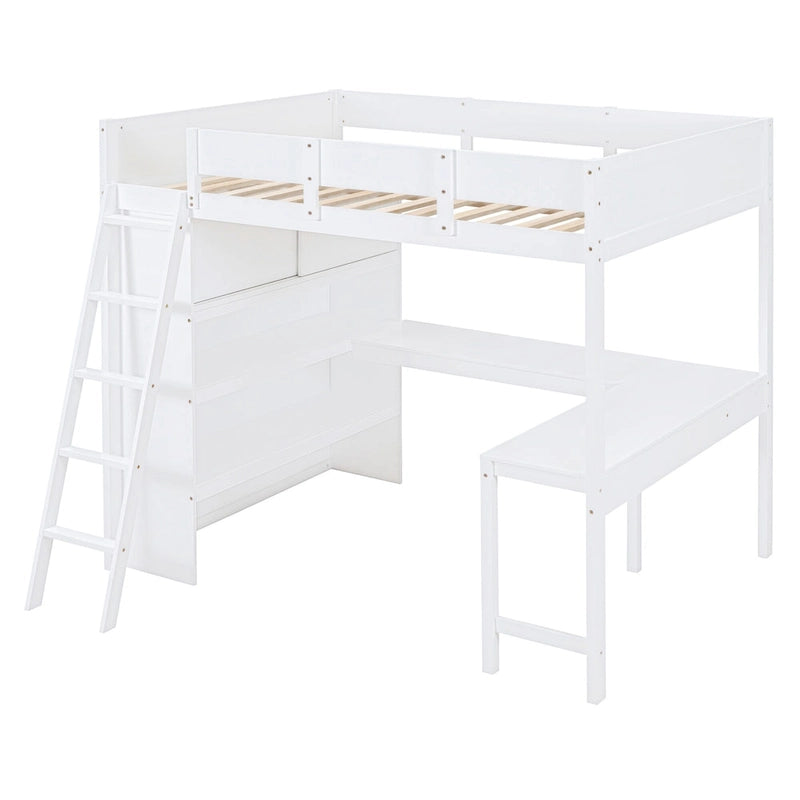 Cama alta de tamaño completo gris/blanco con escritorio y estante – 1 persona