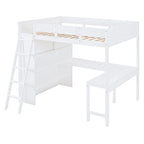 Cama alta de tamaño completo gris/blanco con escritorio y estante – 1 persona