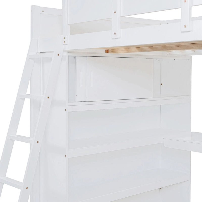 Cama alta de tamaño completo gris/blanco con escritorio y estante – 1 persona