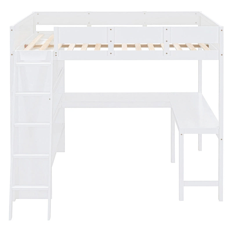 Cama alta de tamaño completo gris/blanco con escritorio y estante – 1 persona