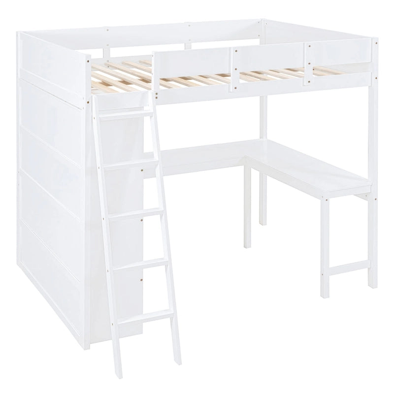 Cama alta de tamaño completo gris/blanco con escritorio y estante – 1 persona