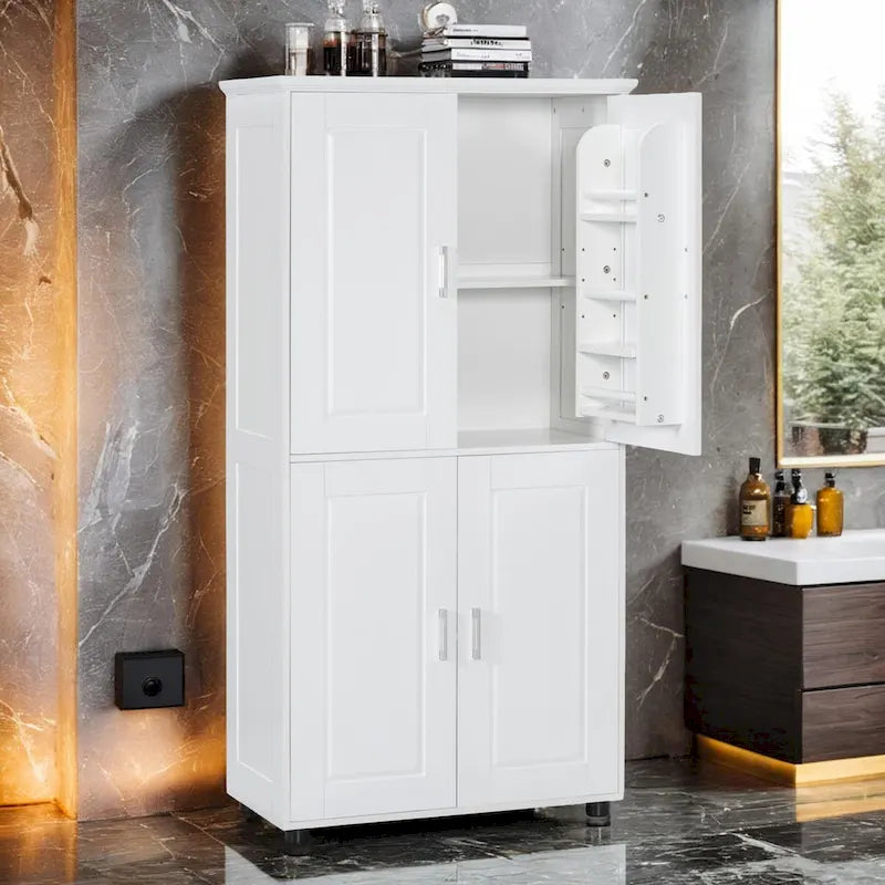 Mueble alto de baño de pie con acabado blanco y madera, 4 puertas