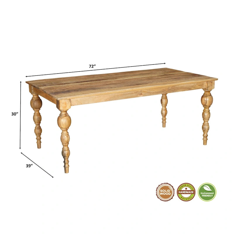Mesa de comedor rectangular de madera maciza natural, 6 plazas