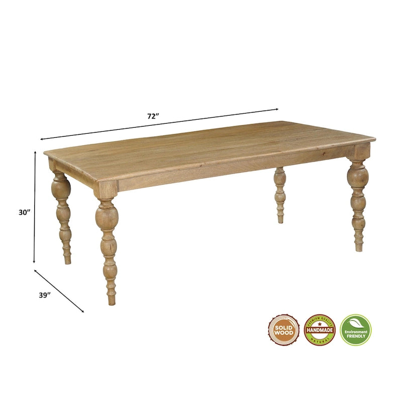 Mesa de comedor rectangular de madera maciza natural, 6 plazas